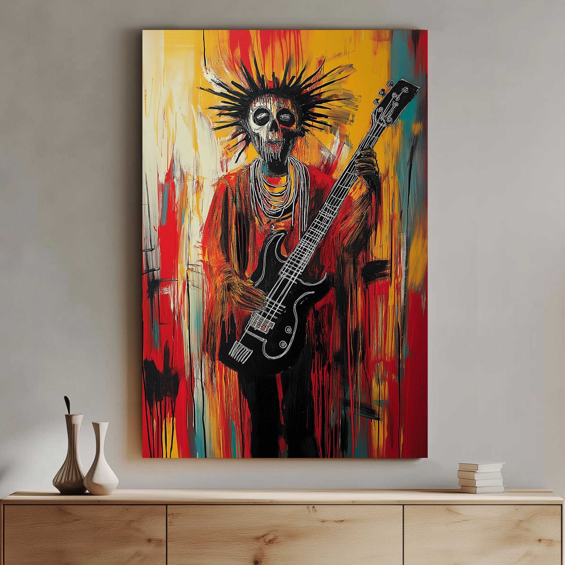 Abstract painting of a skeletal guitarist with a black guitar, surrounded by fiery red and yellow streaks.