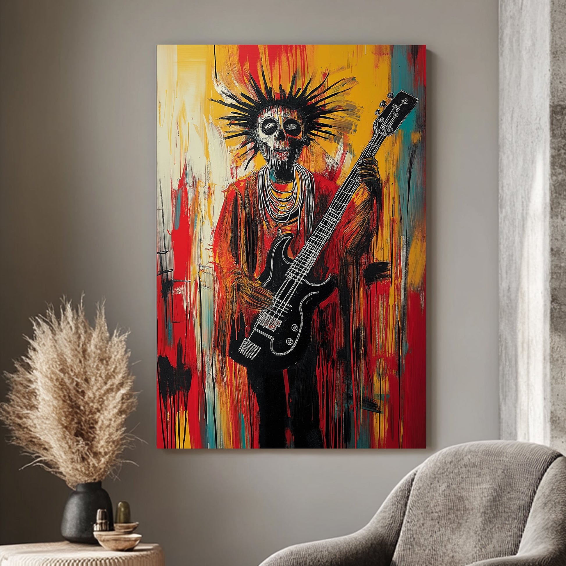 Abstract painting of a skeletal guitarist with a black guitar, surrounded by fiery red and yellow streaks.