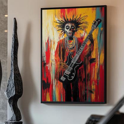 Abstract painting of a skeletal guitarist with a black guitar, surrounded by fiery red and yellow streaks.