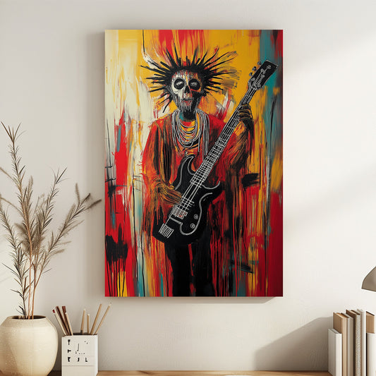 Abstract painting of a skeletal guitarist with a black guitar, surrounded by fiery red and yellow streaks.