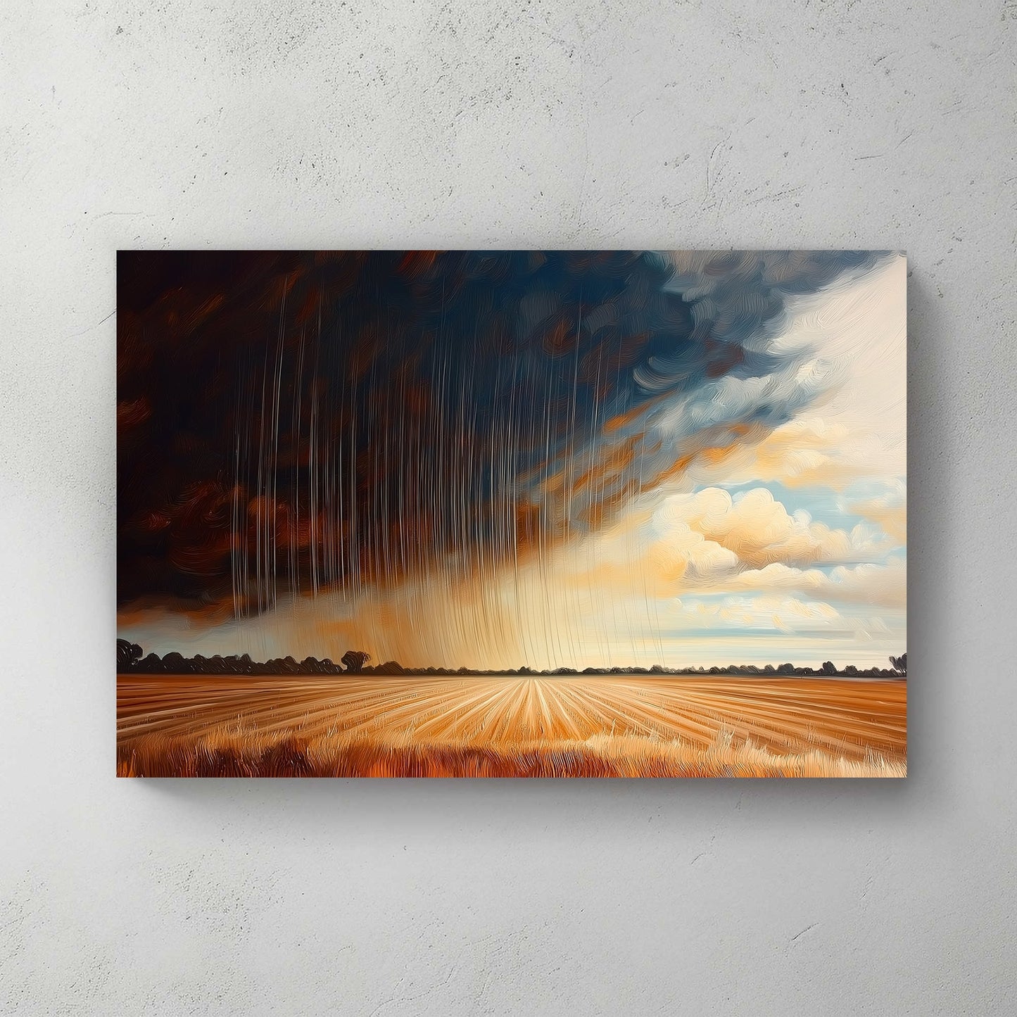 Oil painting of a golden field under a dramatic stormy sky with rain and contrasting light.