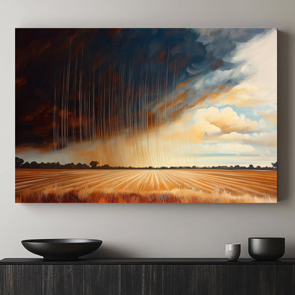 Oil painting of a golden field under a dramatic stormy sky with rain and contrasting light.