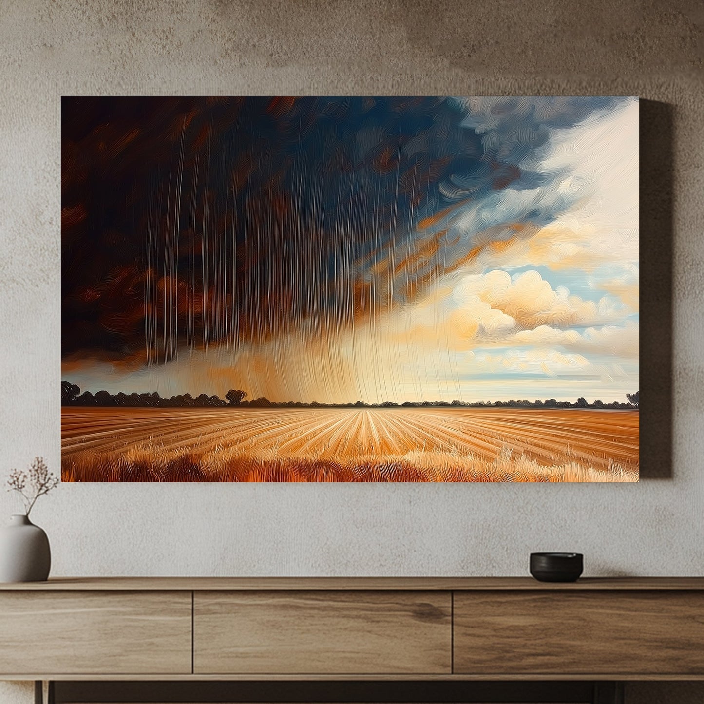 Oil painting of a golden field under a dramatic stormy sky with rain and contrasting light.