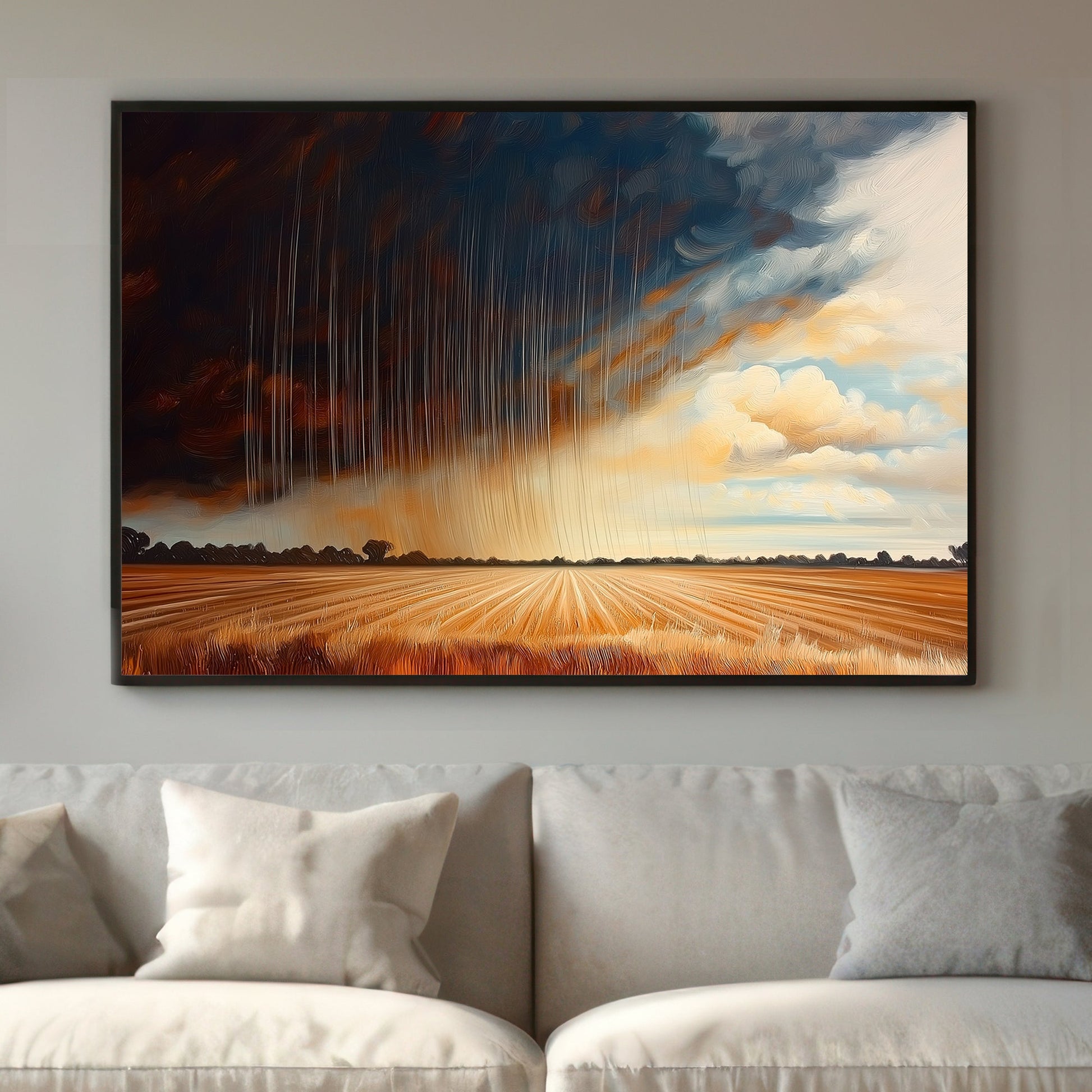 Oil painting of a golden field under a dramatic stormy sky with rain and contrasting light.