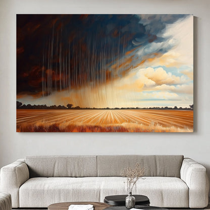 Oil painting of a golden field under a dramatic stormy sky with rain and contrasting light.