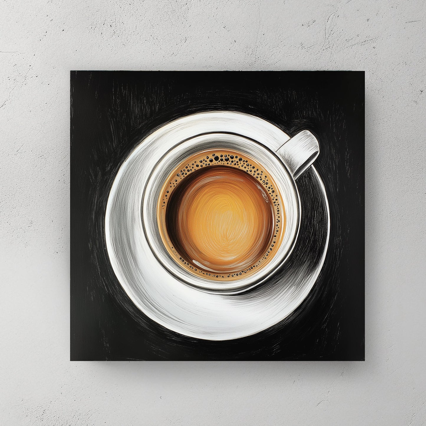 Close-up oil painting of a coffee cup with rich crema on a white saucer against a black background.