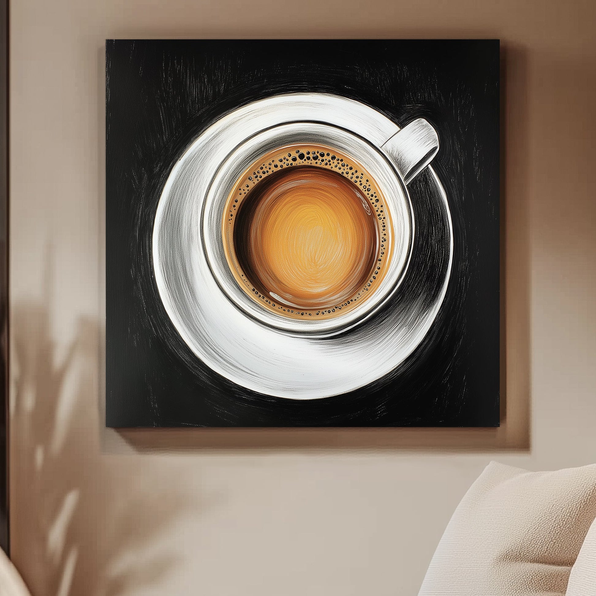 Close-up oil painting of a coffee cup with rich crema on a white saucer against a black background.