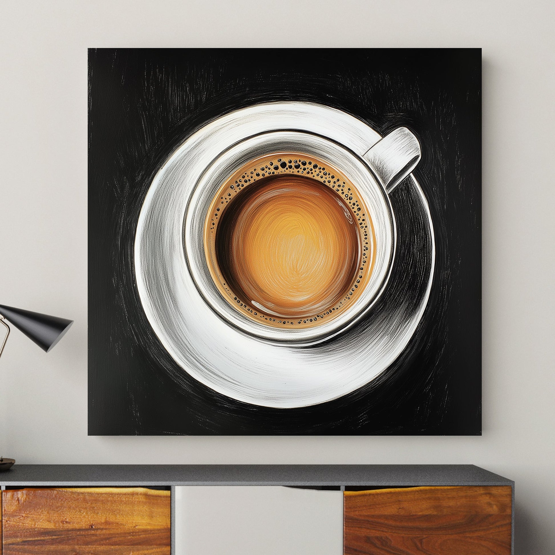 Close-up oil painting of a coffee cup with rich crema on a white saucer against a black background.