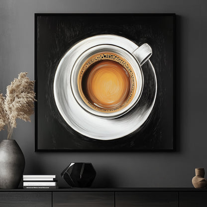 Close-up oil painting of a coffee cup with rich crema on a white saucer against a black background.