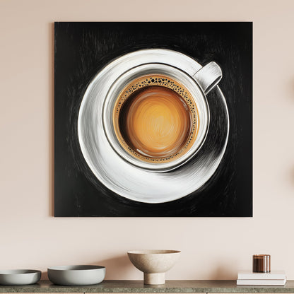 Close-up oil painting of a coffee cup with rich crema on a white saucer against a black background.