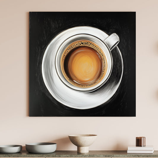 Close-up oil painting of a coffee cup with rich crema on a white saucer against a black background.