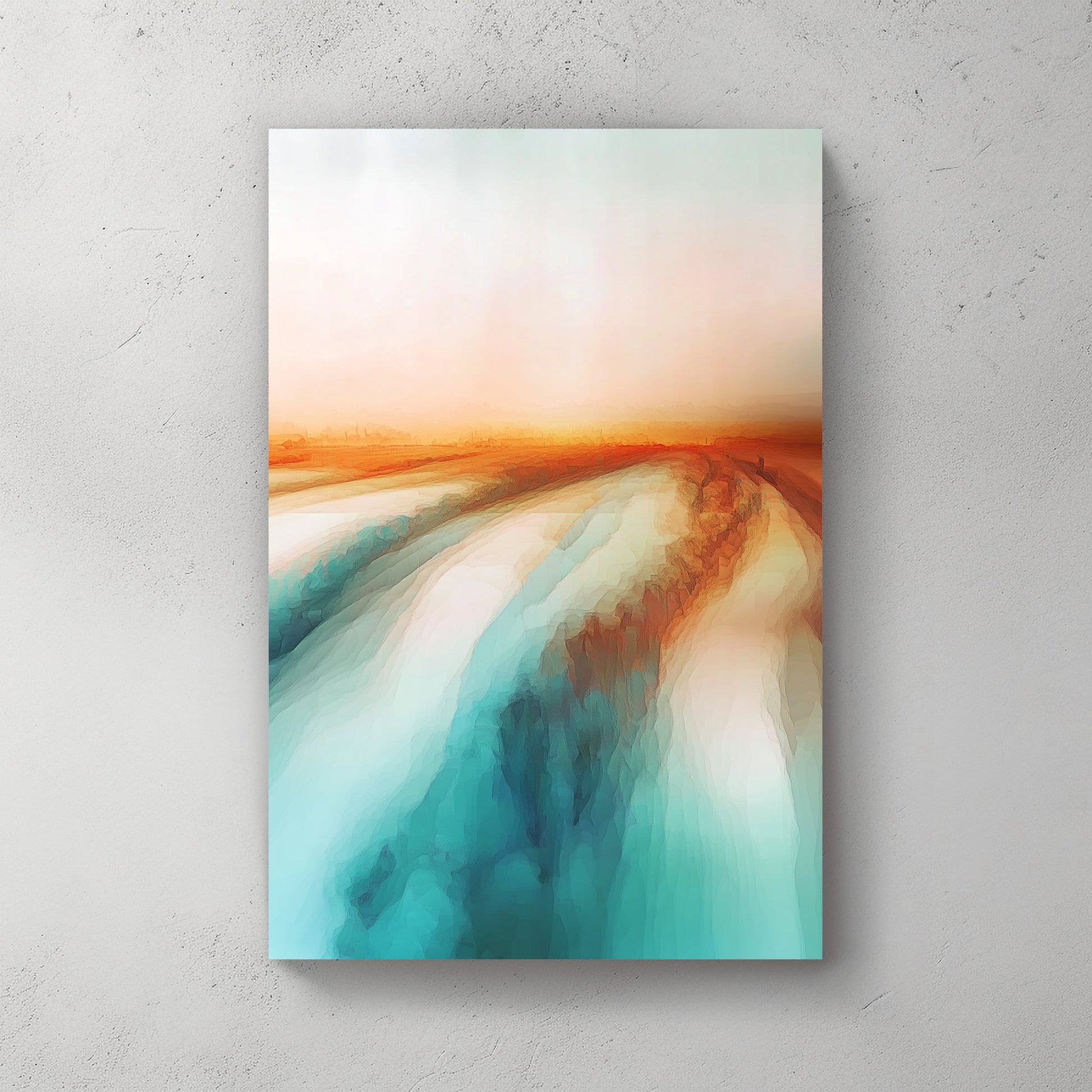 Abstract landscape with pastel tones of orange, blue, and white, depicting a misty sunrise over open fields.