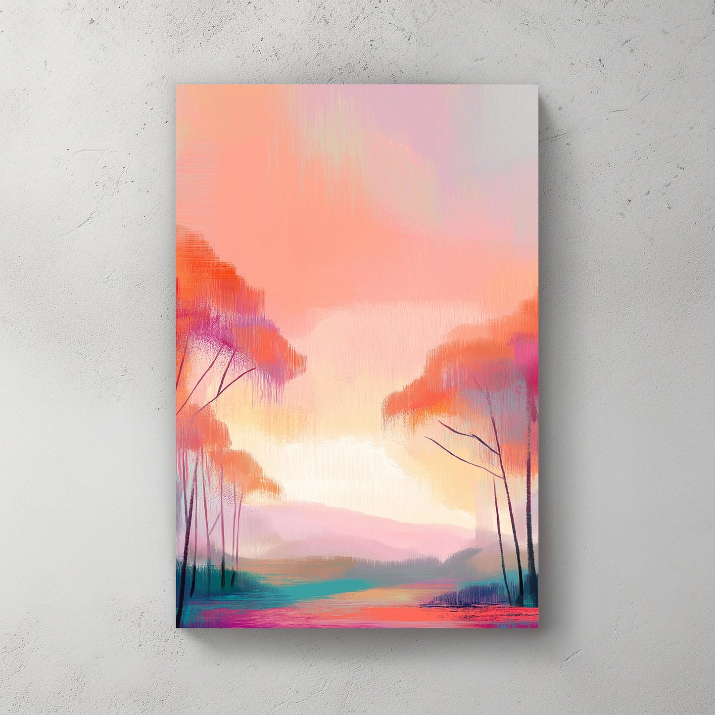 Abstract landscape with soft pink, orange, and purple tones, featuring trees and a glowing horizon.