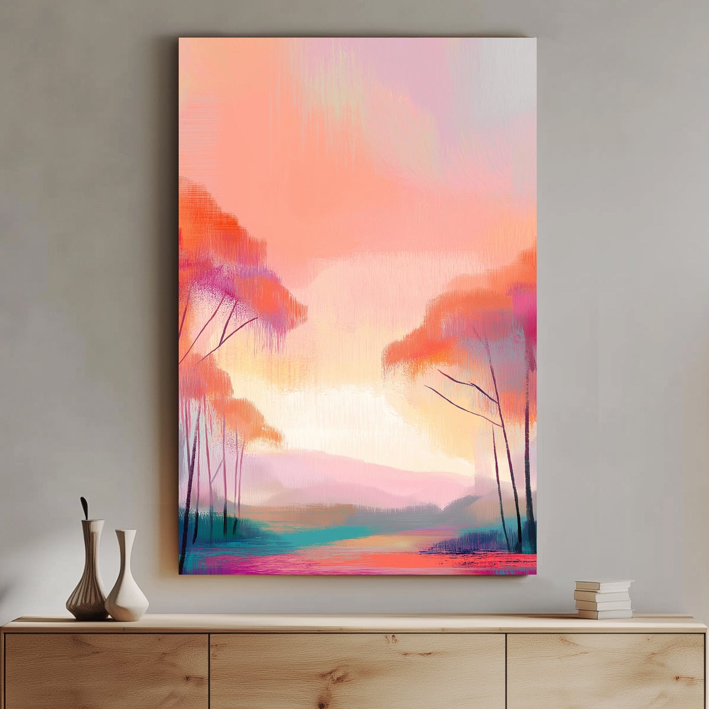 Abstract landscape with soft pink, orange, and purple tones, featuring trees and a glowing horizon.