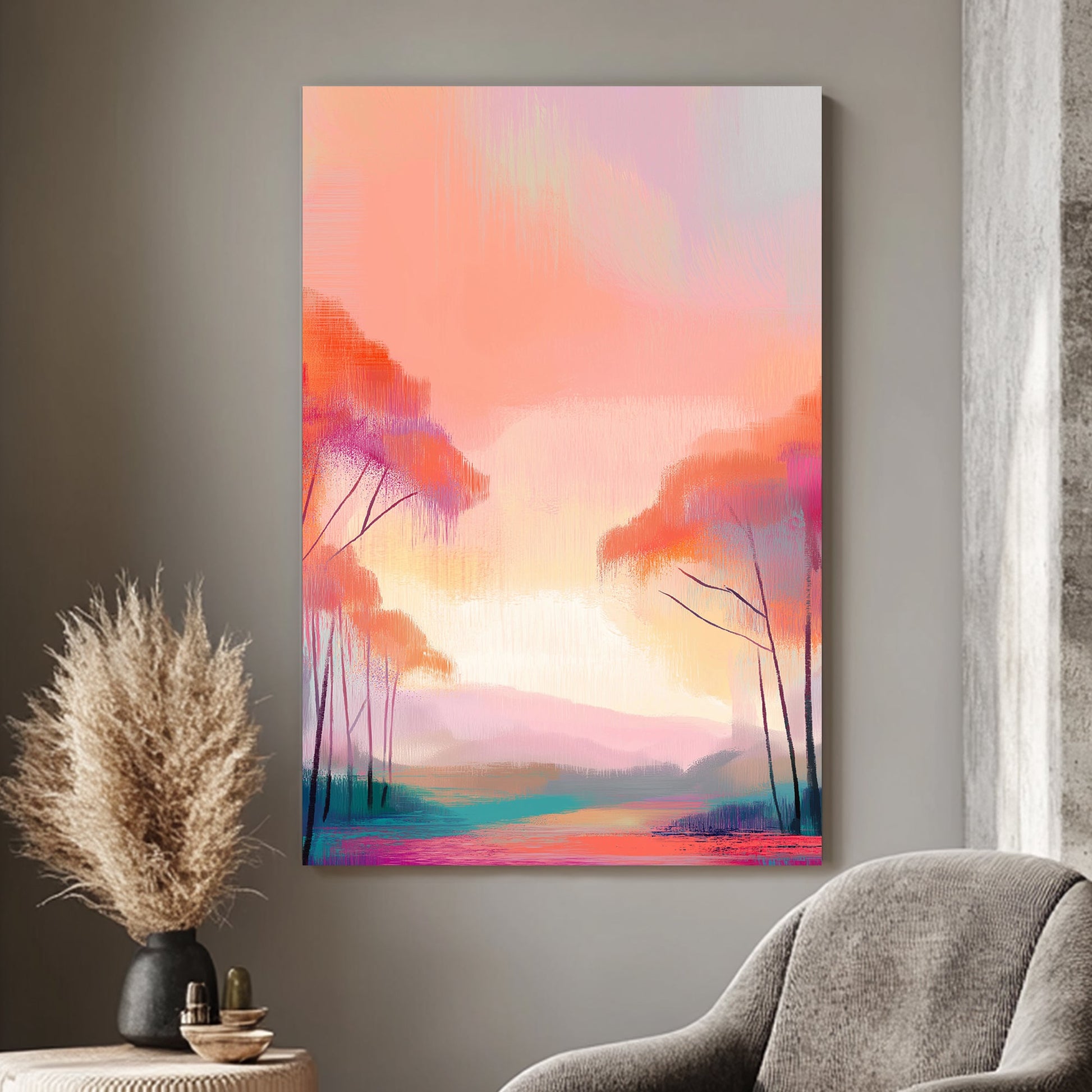 Abstract landscape with soft pink, orange, and purple tones, featuring trees and a glowing horizon.