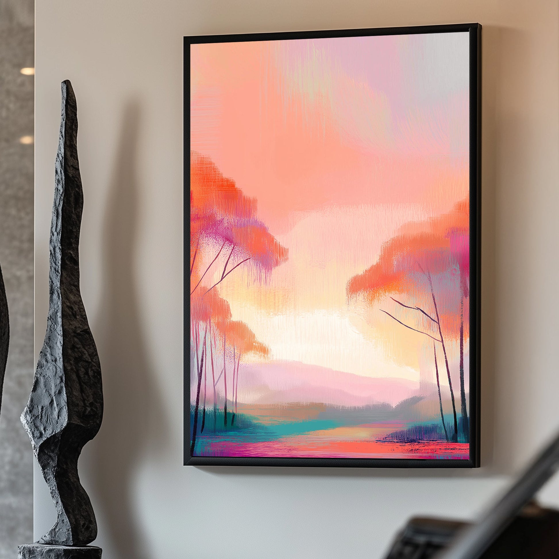 Abstract landscape with soft pink, orange, and purple tones, featuring trees and a glowing horizon.