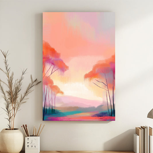 Abstract landscape with soft pink, orange, and purple tones, featuring trees and a glowing horizon.