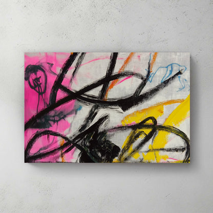 Abstract artwork with bold black strokes over vibrant pink, yellow, and blue backgrounds.