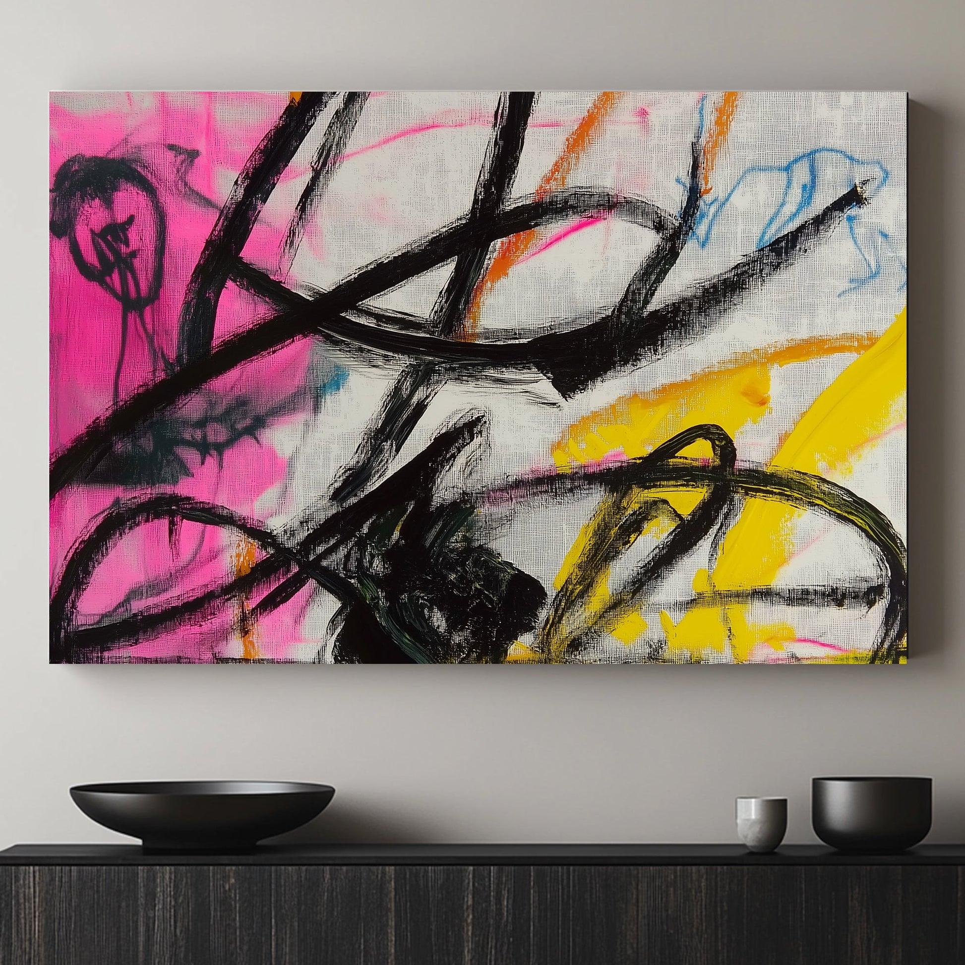 Abstract artwork with bold black strokes over vibrant pink, yellow, and blue backgrounds.