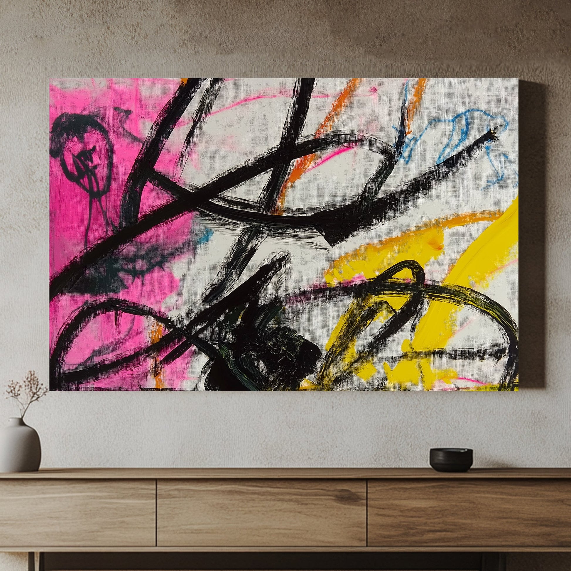 Abstract artwork with bold black strokes over vibrant pink, yellow, and blue backgrounds.