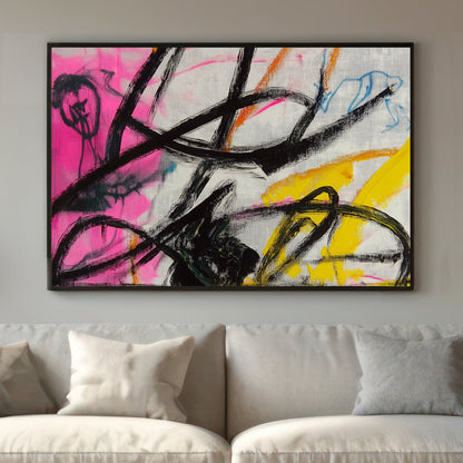 Abstract artwork with bold black strokes over vibrant pink, yellow, and blue backgrounds.