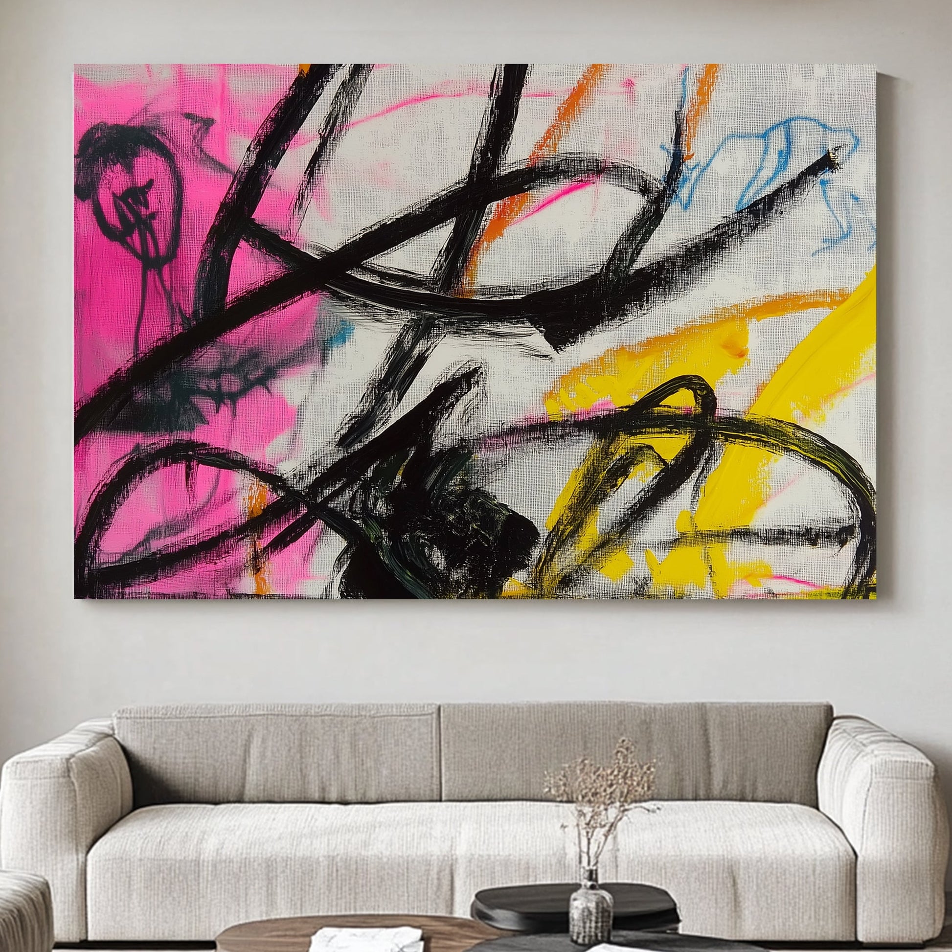 Abstract artwork with bold black strokes over vibrant pink, yellow, and blue backgrounds.