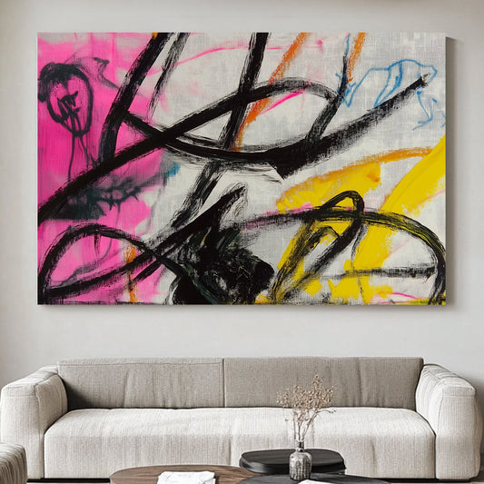 Abstract artwork with bold black strokes over vibrant pink, yellow, and blue backgrounds.