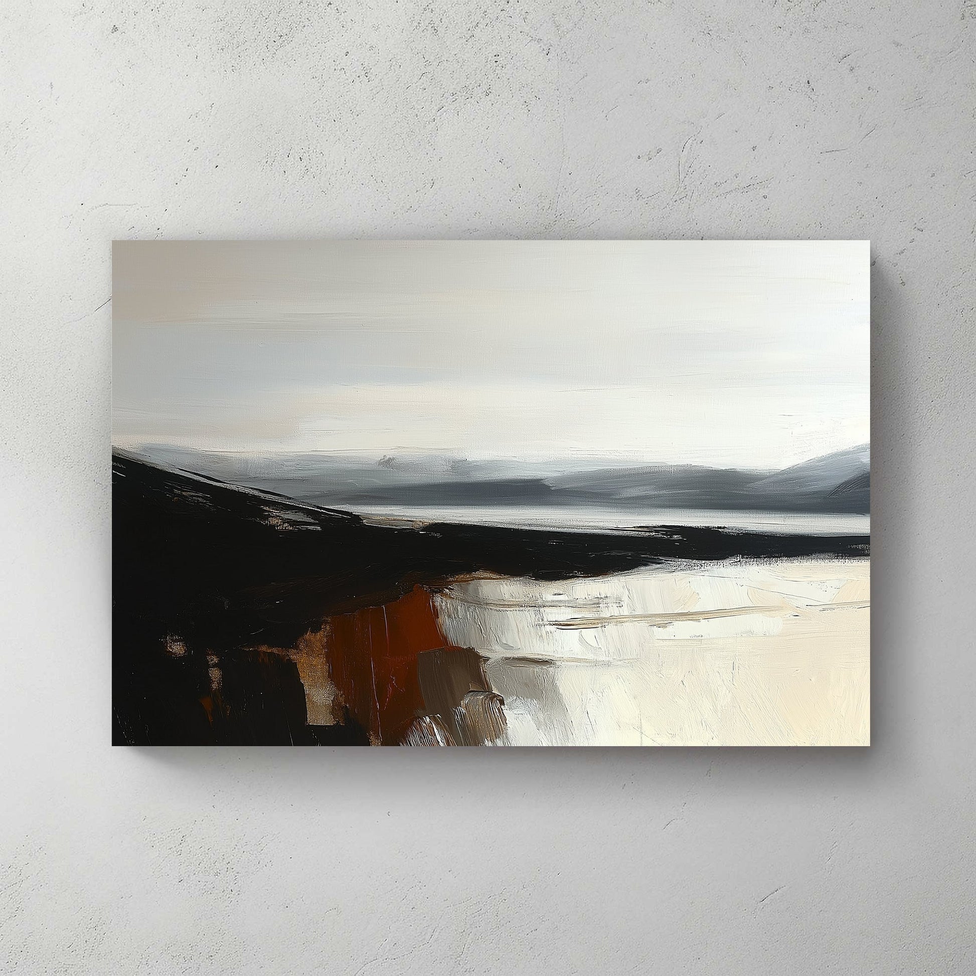 Minimalist landscape with black cliffs, grey mountains, and cream reflections on calm water.