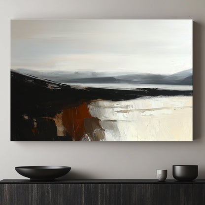 Minimalist landscape with black cliffs, grey mountains, and cream reflections on calm water.