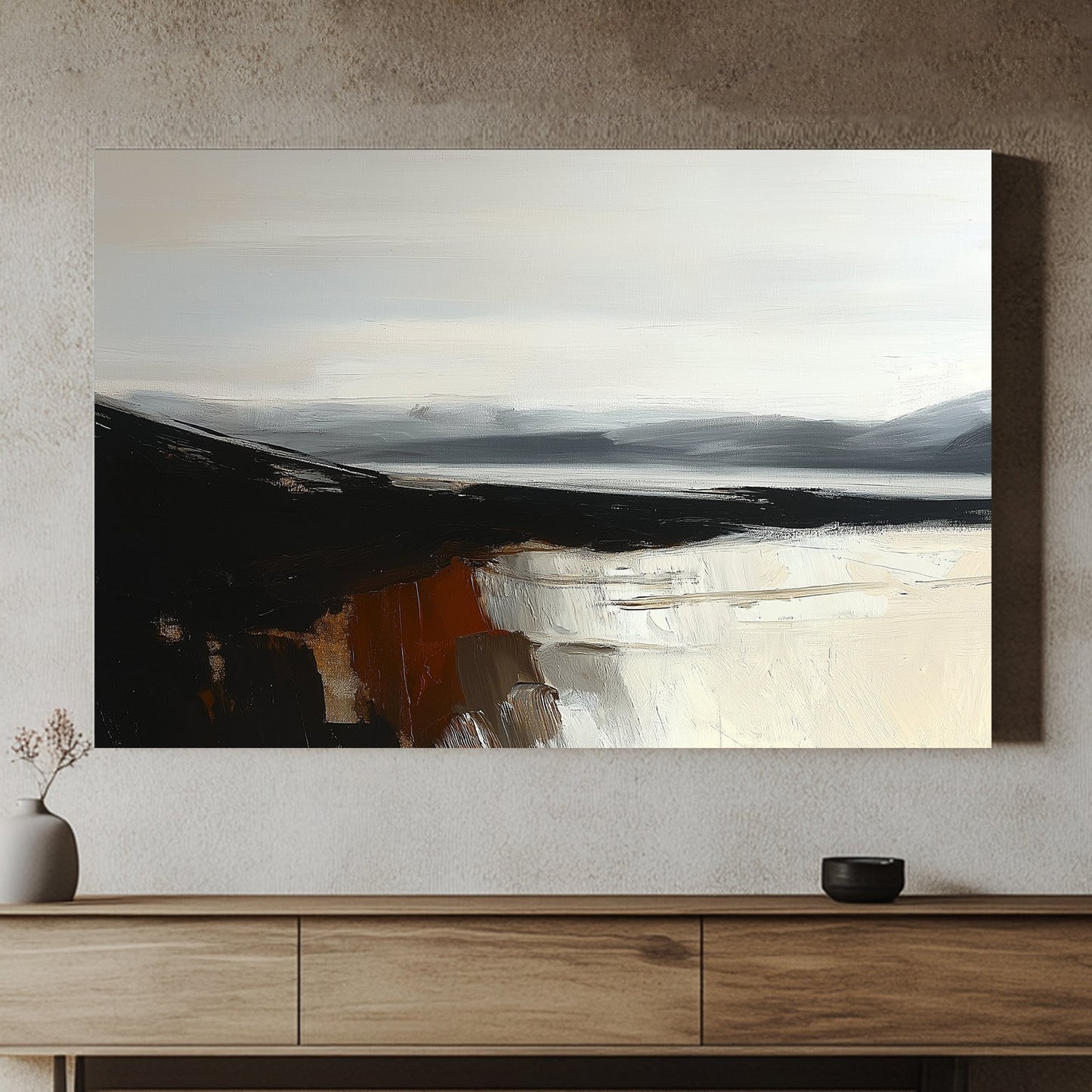 Minimalist landscape with black cliffs, grey mountains, and cream reflections on calm water.