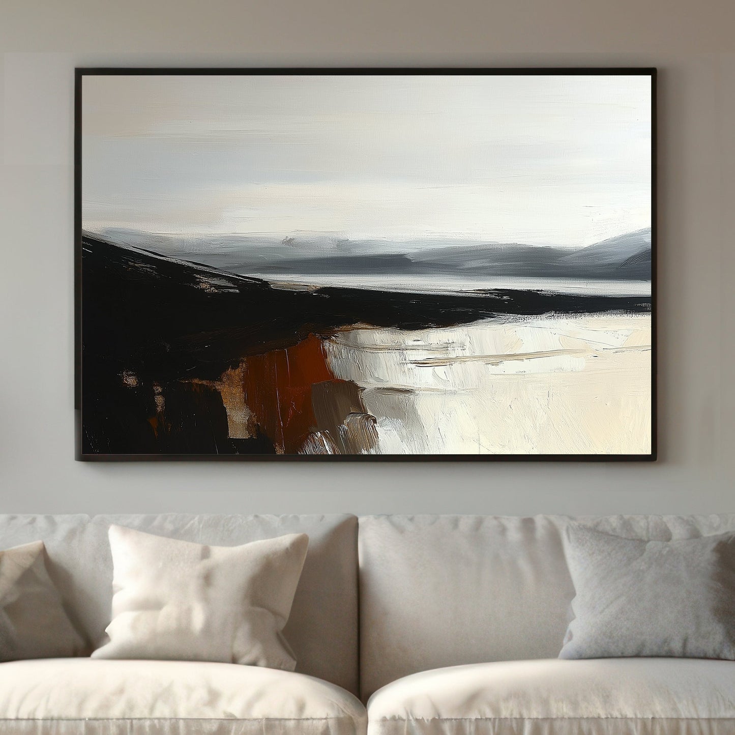 Minimalist landscape with black cliffs, grey mountains, and cream reflections on calm water.