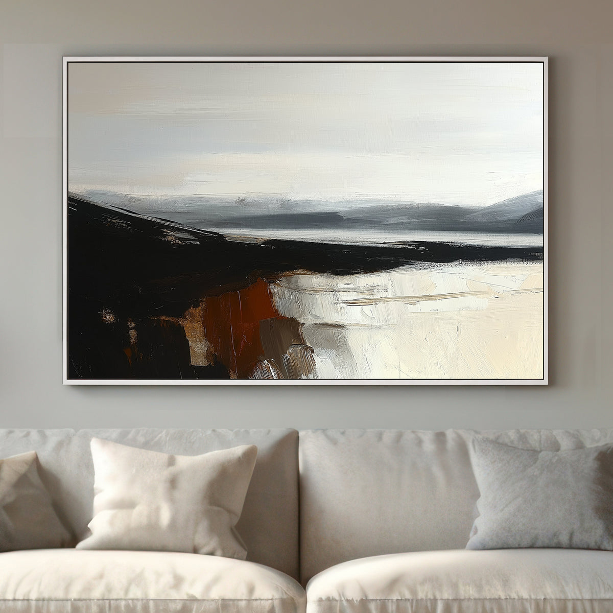 Minimalist landscape with black cliffs, grey mountains, and cream reflections on calm water.