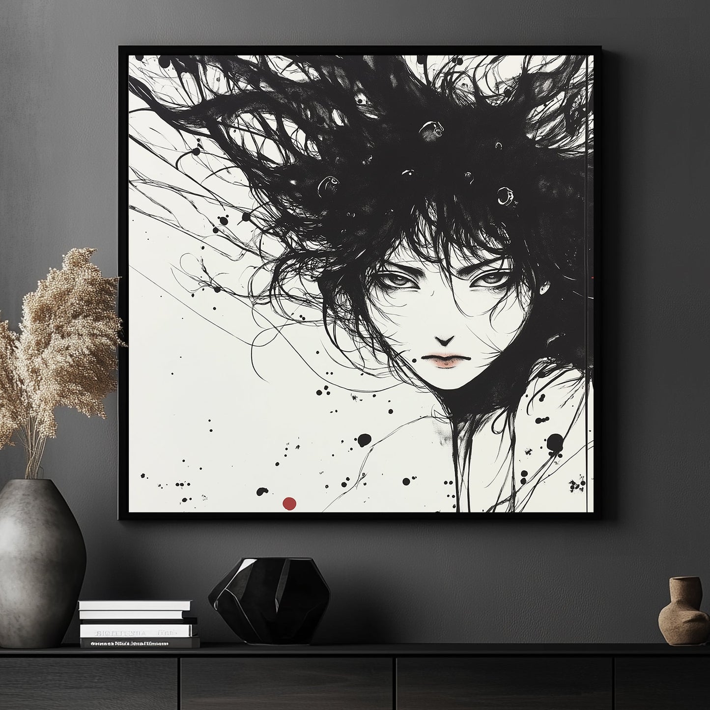 Japanese ink portrait with flowing black lines, a delicate face, and red accents.