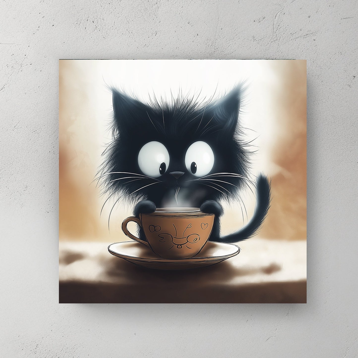 Adorable black kitten sipping from a steaming cup in a whimsical style.