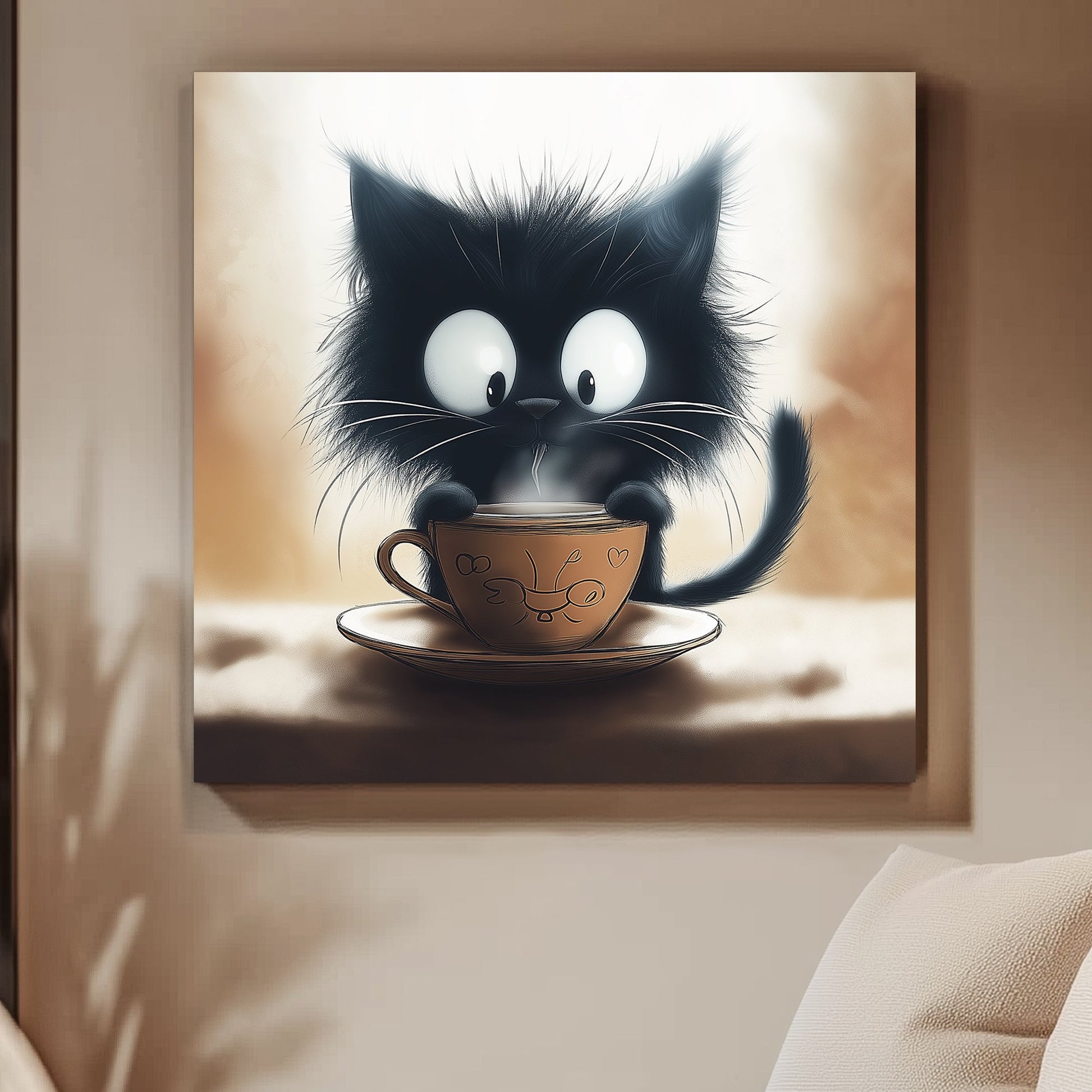 Adorable black kitten sipping from a steaming cup in a whimsical style.