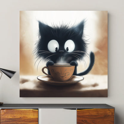 Adorable black kitten sipping from a steaming cup in a whimsical style.