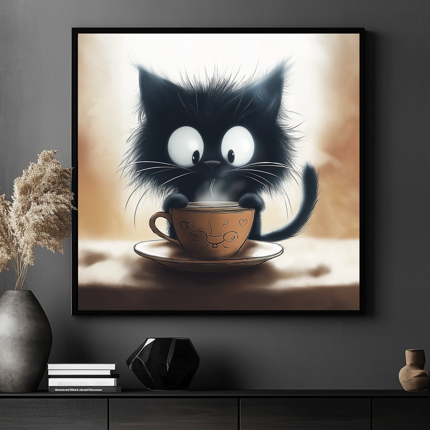 Adorable black kitten sipping from a steaming cup in a whimsical style.