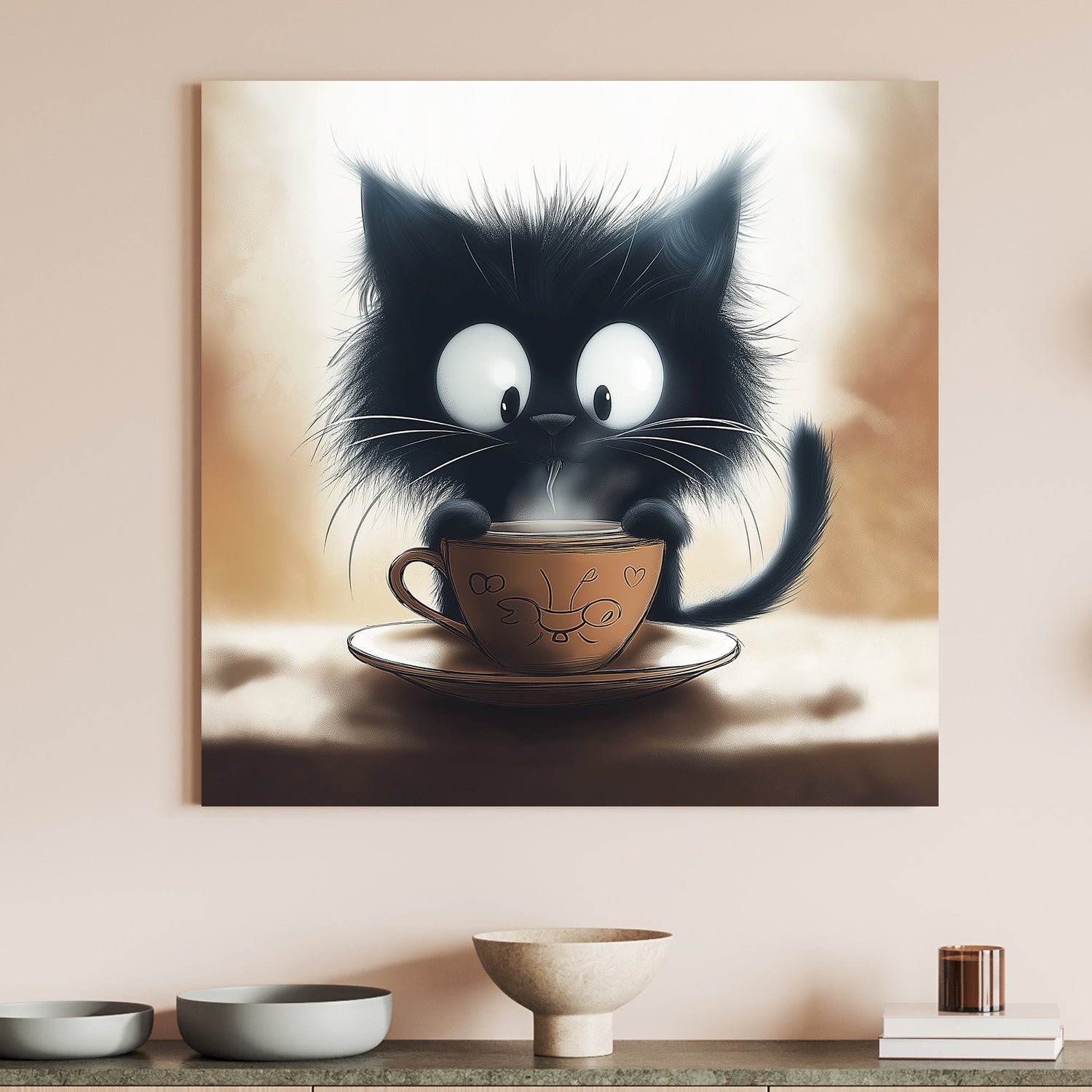 Adorable black kitten sipping from a steaming cup in a whimsical style.