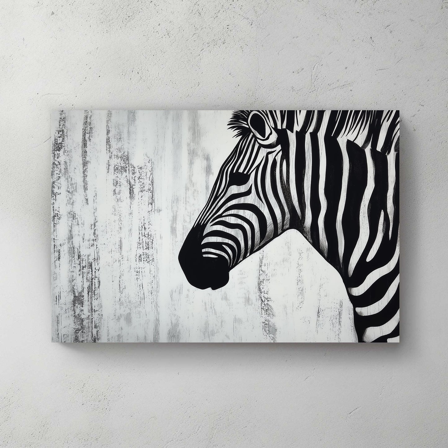 Minimalist black-and-white zebra portrait on a textured white background.