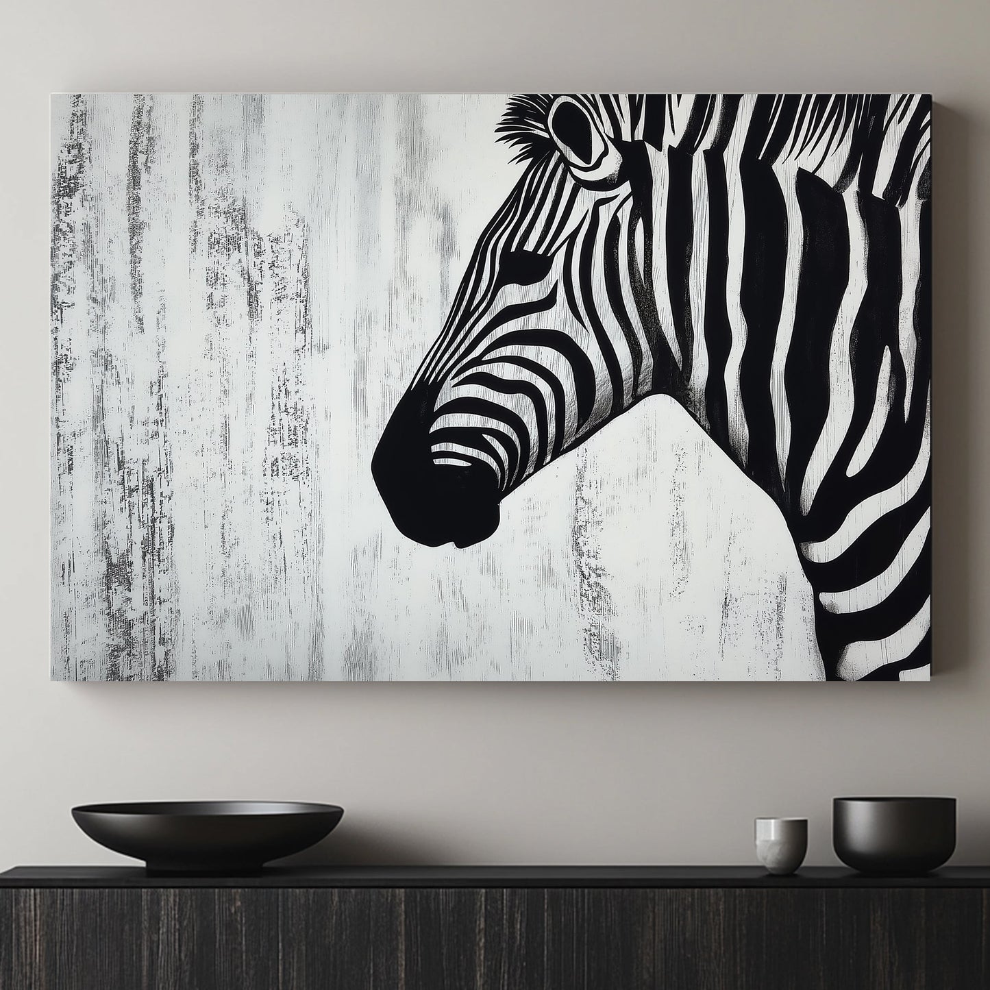 Minimalist black-and-white zebra portrait on a textured white background.