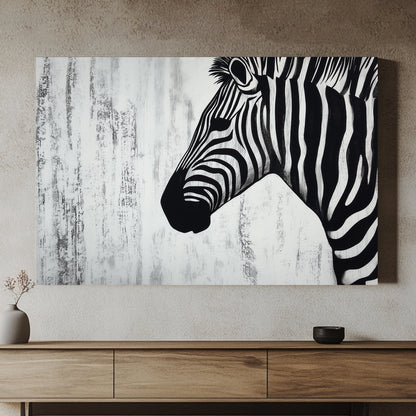 Minimalist black-and-white zebra portrait on a textured white background.