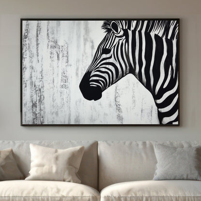 Minimalist black-and-white zebra portrait on a textured white background.