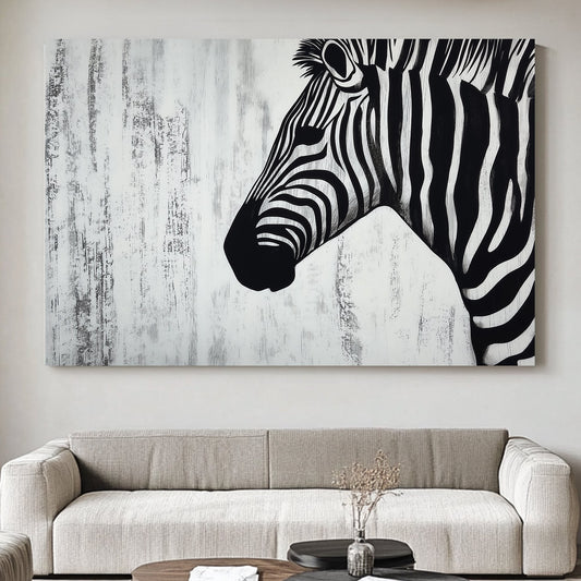 Minimalist black-and-white zebra portrait on a textured white background.