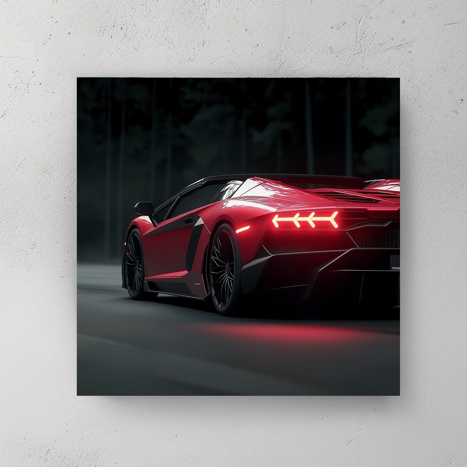 Red Lamborghini with illuminated taillights against a dark forest backdrop, emphasizing speed and luxury