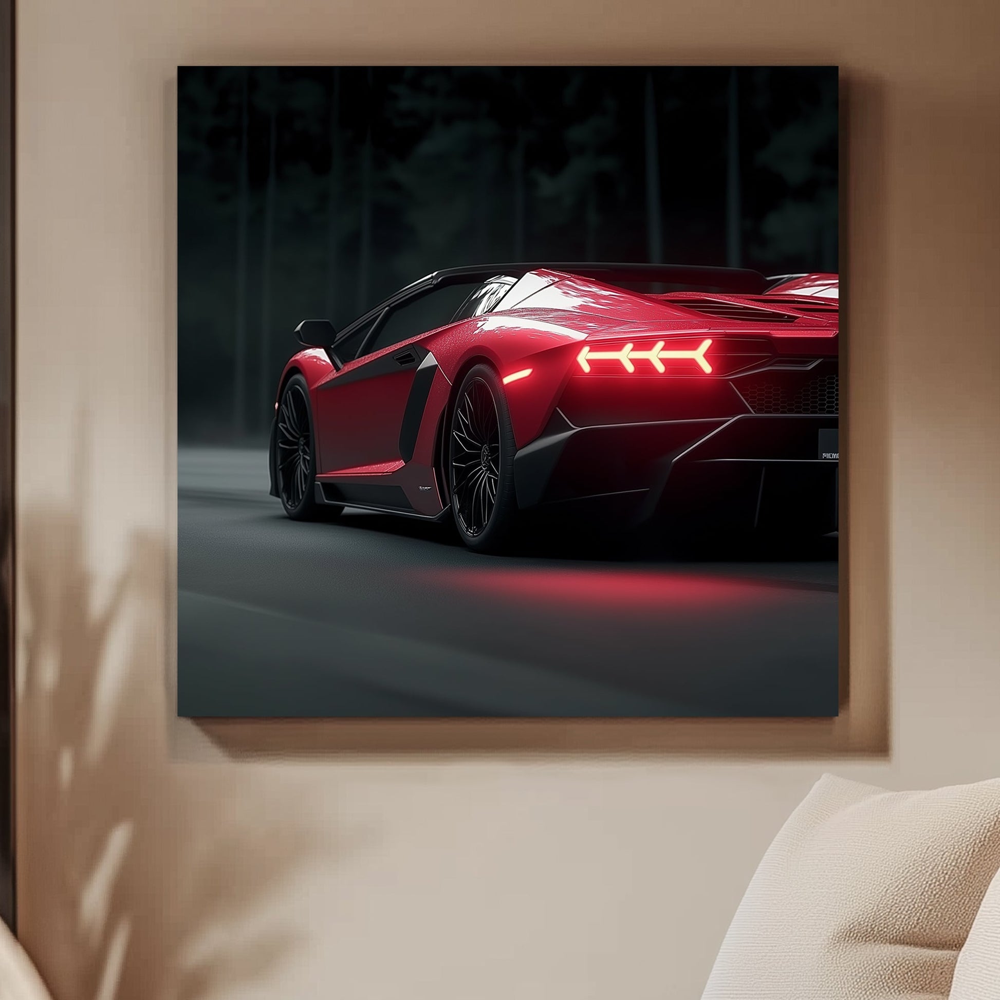 Red Lamborghini with illuminated taillights against a dark forest backdrop, emphasizing speed and luxury