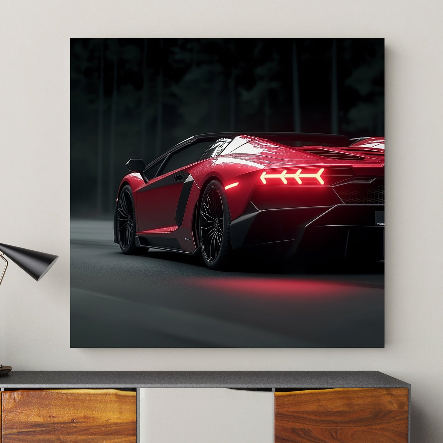 Red Lamborghini with illuminated taillights against a dark forest backdrop, emphasizing speed and luxury