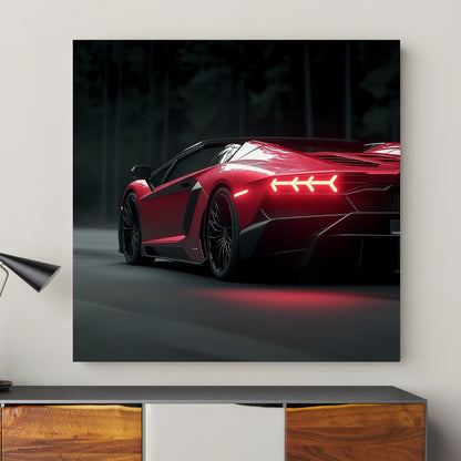 Red Lamborghini with illuminated taillights against a dark forest backdrop, emphasizing speed and luxury