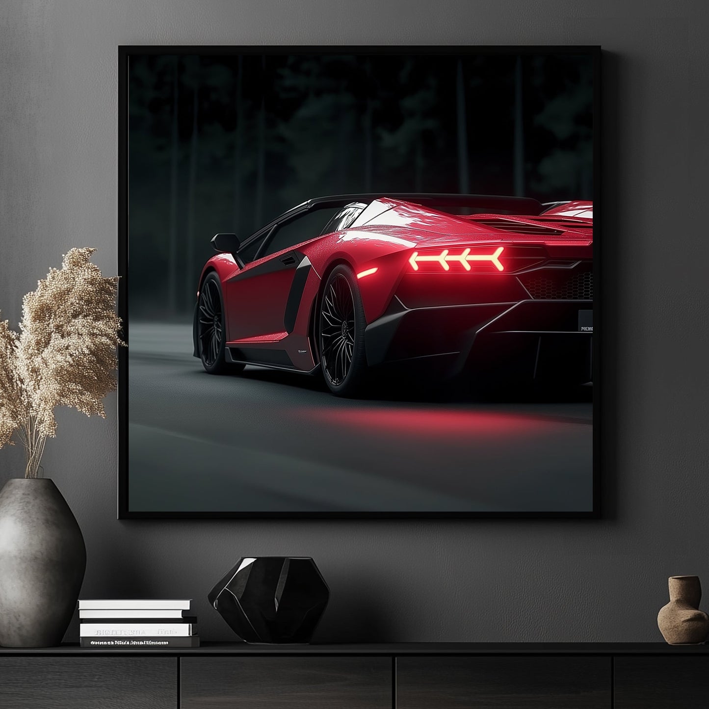 Red Lamborghini with illuminated taillights against a dark forest backdrop, emphasizing speed and luxury