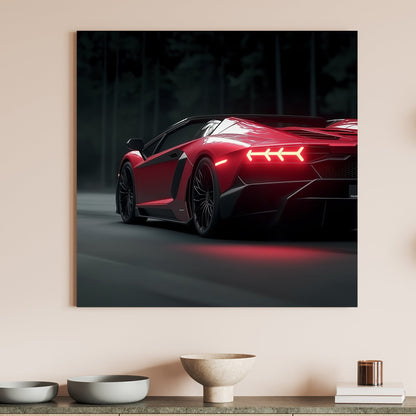 Red Lamborghini with illuminated taillights against a dark forest backdrop, emphasizing speed and luxury