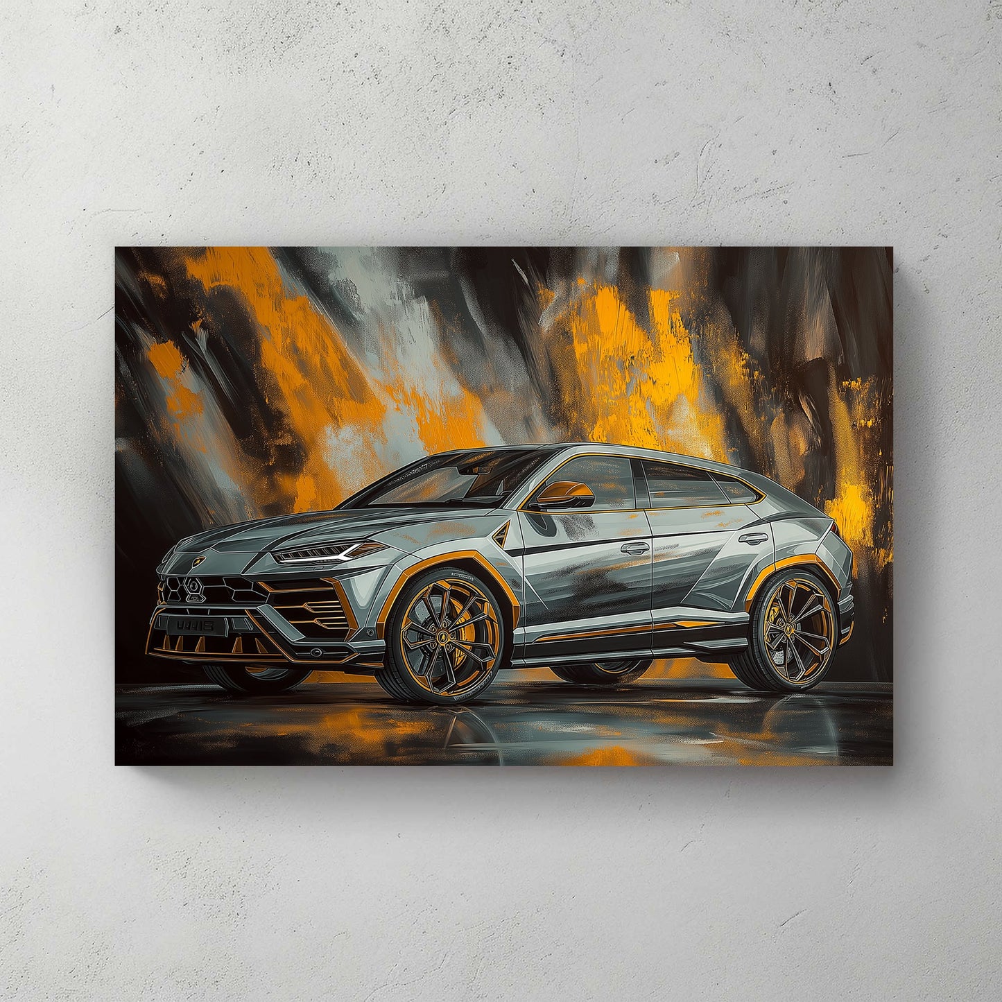 Lamborghini Urus with a sleek design, set against a bold black and orange abstract background.